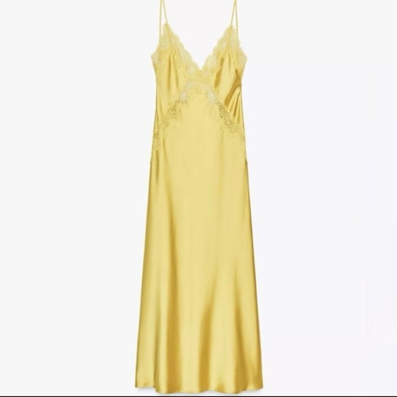 ZARA Lemon Satin Slip Dress with Lace Trim - Picture 2 of 9